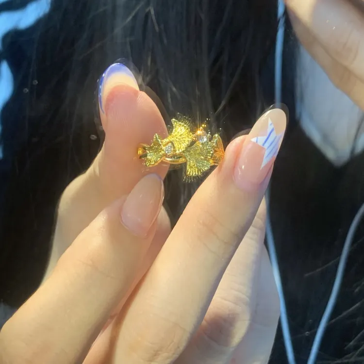 铜合金仿水晶戒指 铜合金 Dlzea三生有杏镶钻银杏叶戒指06