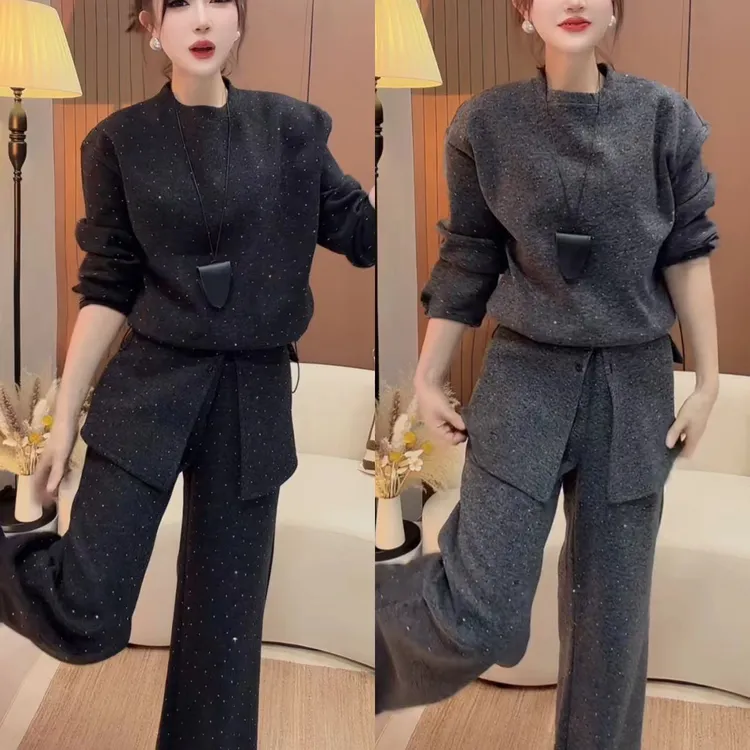 休闲风女装INS风时尚卫衣+阔腿裤+围裙三件套法式轻奢