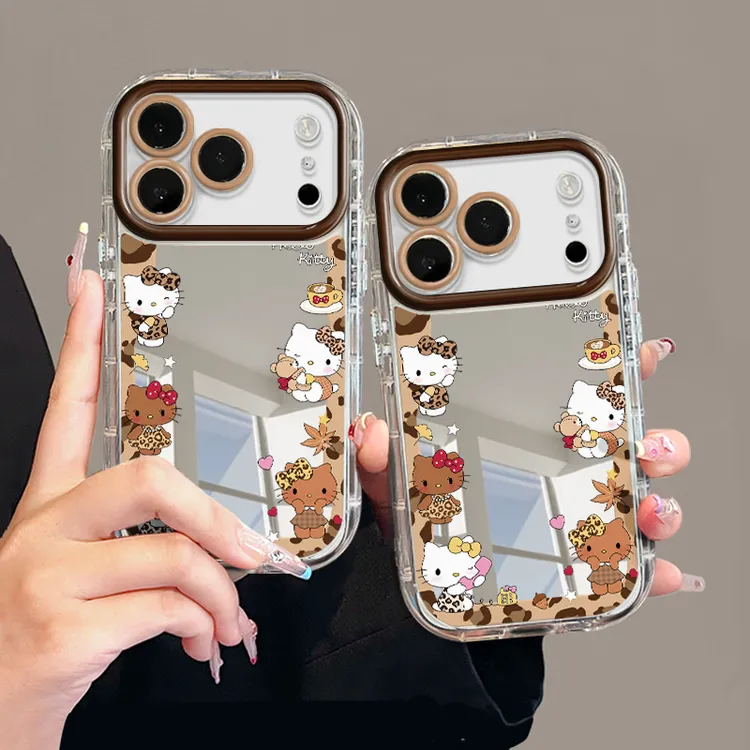 豹纹边框KT适用苹果17pro手机壳16pm镜面oppo华为p70防摔奶油小米