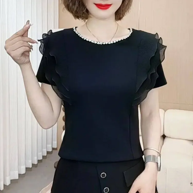 设计感圆领亮钻显瘦短袖T恤百搭荷叶边打底上衣遮肉洋气韩版小衫