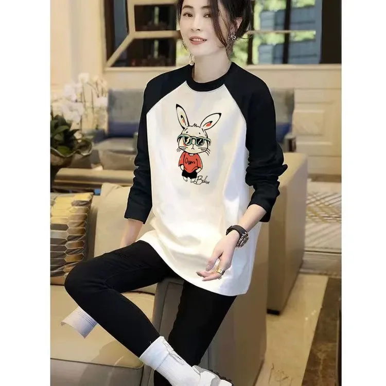 拼色显瘦防风中长款时尚宽松型T恤秋装秋季长袖女