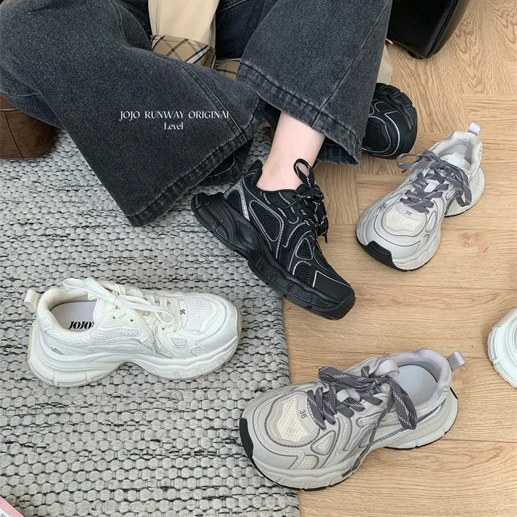 早春厚底老爹鞋女黑色百搭时髦系带显脚小休闲运动鞋