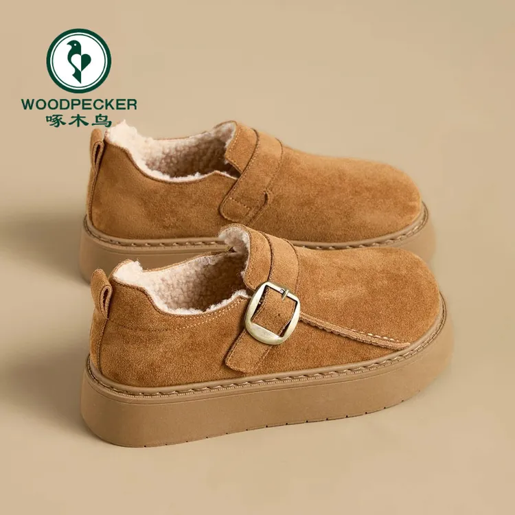 啄木鸟松糕厚底博肯鞋女外穿2025新款冬季加绒百搭乐福雪地靴棉鞋