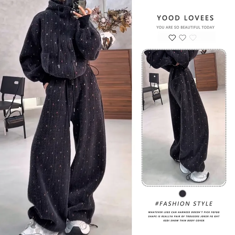 韩式搭配一整套冬装时尚气质慵懒加厚拉链开衫外套阔腿裤两件套女