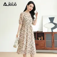 阿吉多短袖波点连衣裙女2025夏季新款抽绳收腰清新淡雅大码长裙子