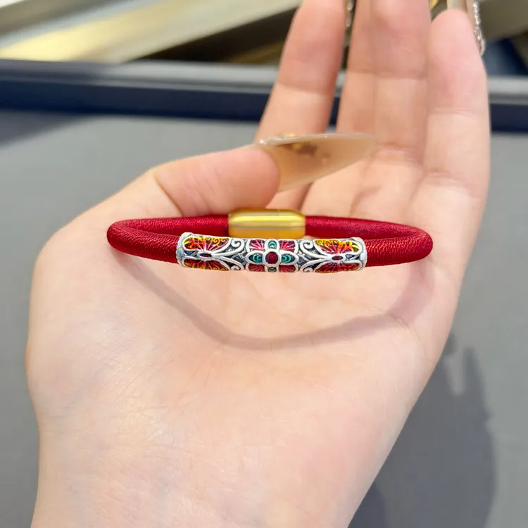 足银珐琅手链 纯银珐琅蝶恋花平安吉祥红绳珠砂情侣手环本命年