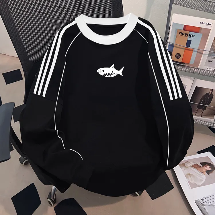 Dekkry潮流趣味鲨鱼印花秋冬设计款长袖t恤男女百搭纯棉宽松上衣