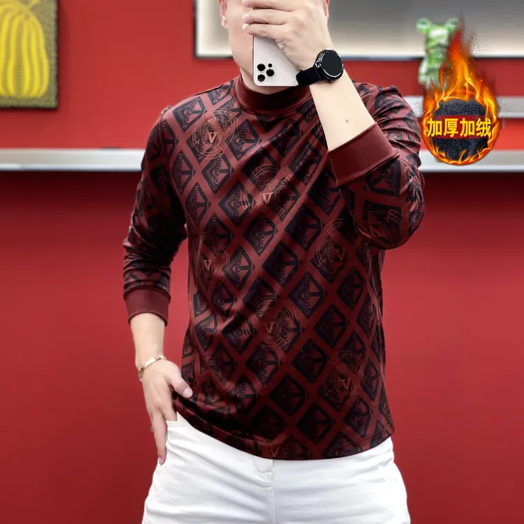 2025冬季修身男士印花长袖潮流休闲百搭时尚字母加绒加厚打底卫衣