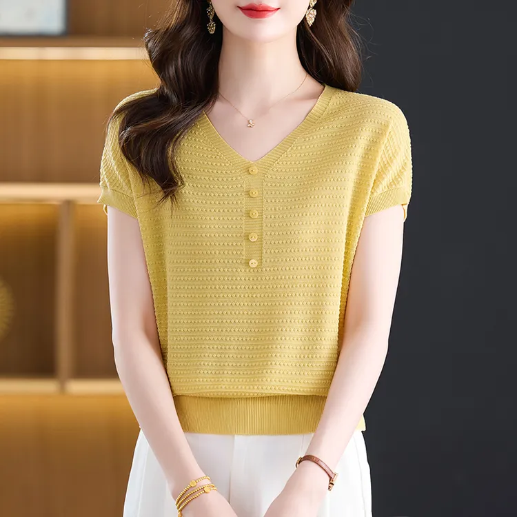 2025夏季新款V领莱赛尔天丝蝙蝠袖短袖宽松百搭时尚洋气冰感上衣