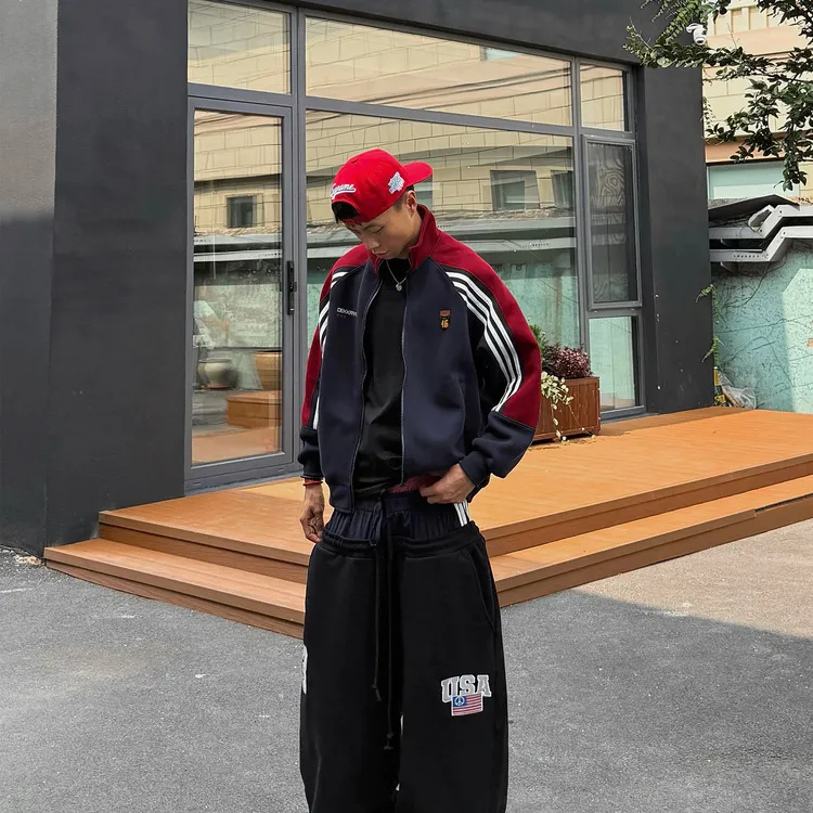 美式潮牌设计感盾徽字母印花立领三条杠卫衣开衫男秋冬宽松外套