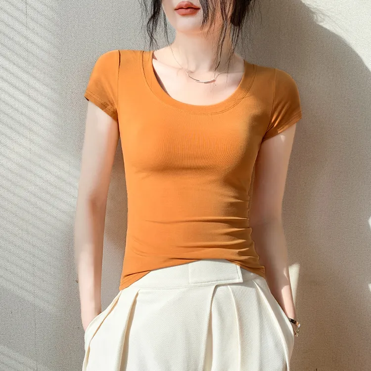 莱赛尔冰丝圆领短袖T恤女春季新款修身柔感透气纯色内搭t恤上衣