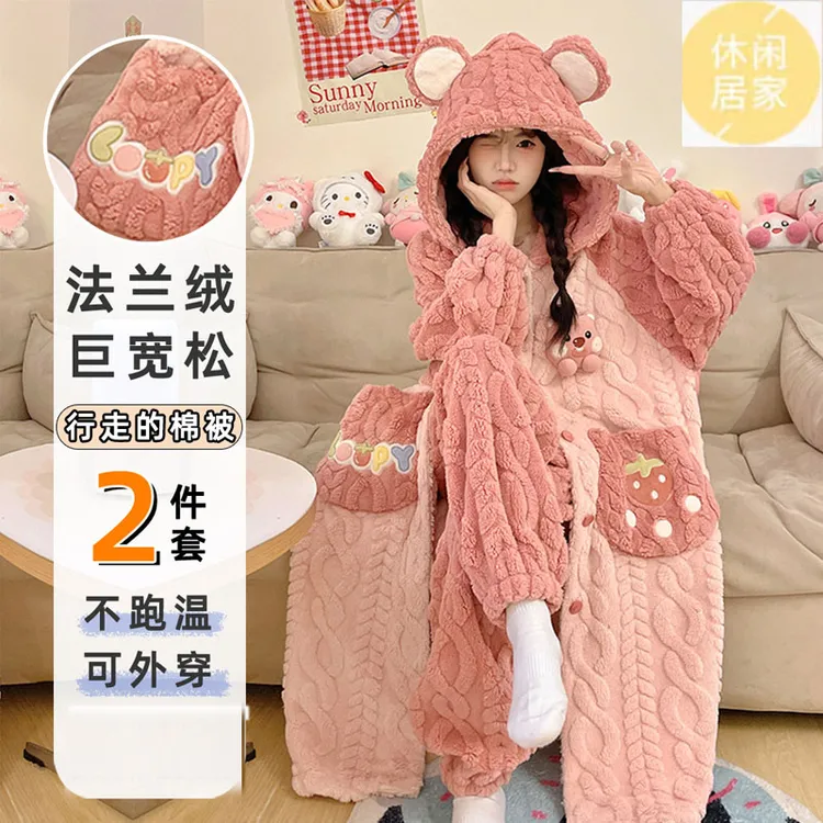 睡袍女冬季加绒加厚珊瑚绒2025新款可爱睡衣套装长款高中生可外穿