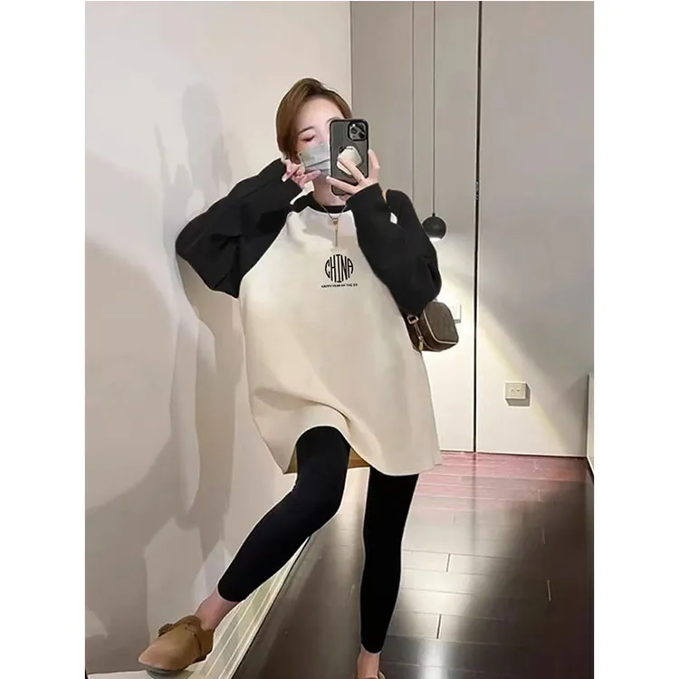 搭配鲨鱼裤撞色磨毛长袖t恤女2025春秋冬季中长款加厚打底衫上衣