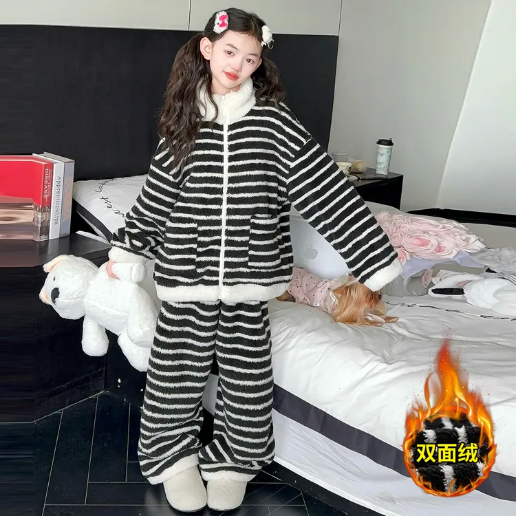 女童加厚双面绒睡衣冬2025新款初中生女孩珊瑚绒法兰绒家居服套装