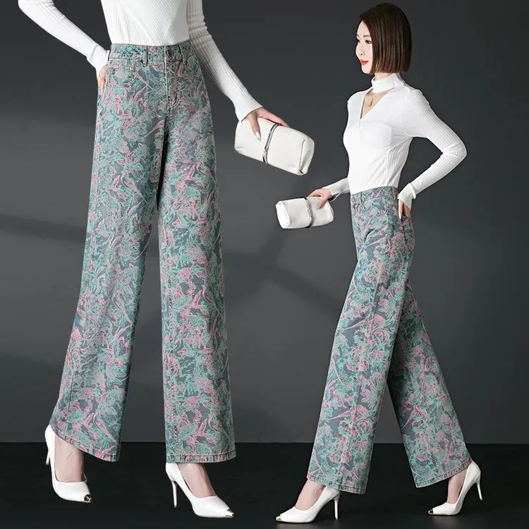 时尚印花阔腿牛仔裤女2025春秋新款中年妈妈宽松显瘦直筒休闲裤子