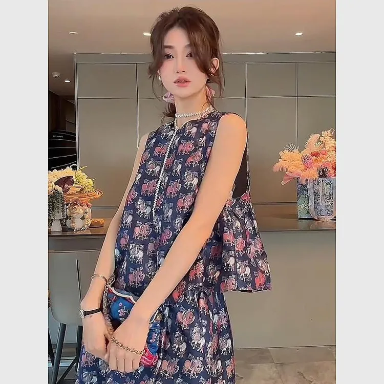 新中式国风独特漂亮印花上衣半身裙套装女2025夏款一整套ootd穿搭