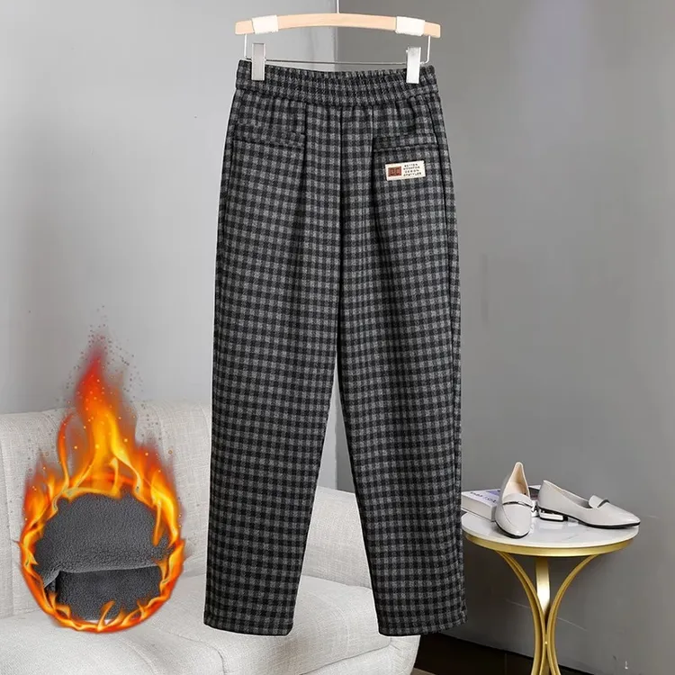 格子毛呢休闲小脚裤女松紧高腰2025秋冬款加绒加厚哈伦裤妈妈裤子