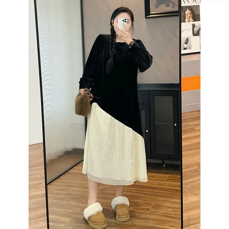 断码捡漏~摩登优雅 / 优雅法系拼接连衣裙12457花契200斤胖mm冬季