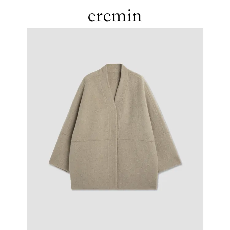DE Mincollection米驼大衣/无领慵懒一手长羊毛双面呢大衣56170