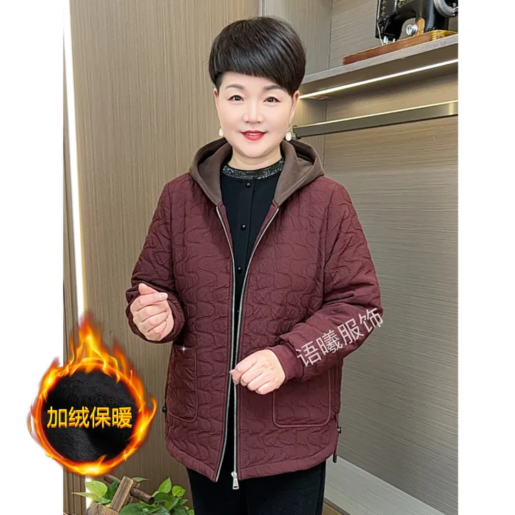 常规款连帽纯色加棉宽松型中老年女装冬季休闲风妈妈装外套F8382