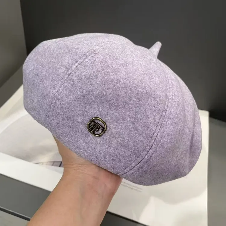 2025春秋新款时尚百搭紫色贝雷帽大头围八角立体画家帽子