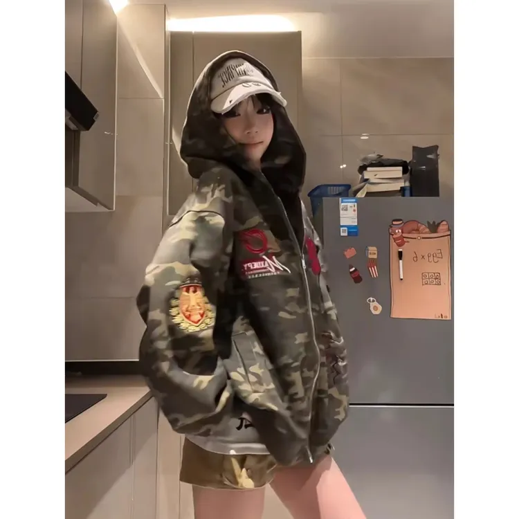 美式复古迷彩刺绣开衫连帽卫衣女2025新款春秋宽松休闲情侣装外套