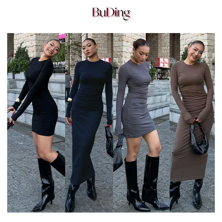 BuDing 欧美风螺纹圆领褶皱长袖修身包臀连衣裙