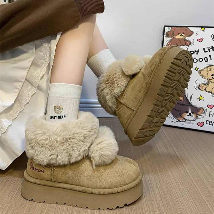 回力可爱毛球雪地靴女冬季加绒加厚保暖短筒靴时尚厚底棉鞋子女款