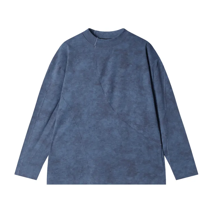 早春新款时尚个性韩版扎染明线圆领长袖T恤百搭情侣轻奢套头上衣