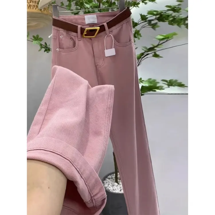 脏粉色阔腿牛仔裤女2025年春夏季高腰显瘦小个子九分休闲拖地裤子