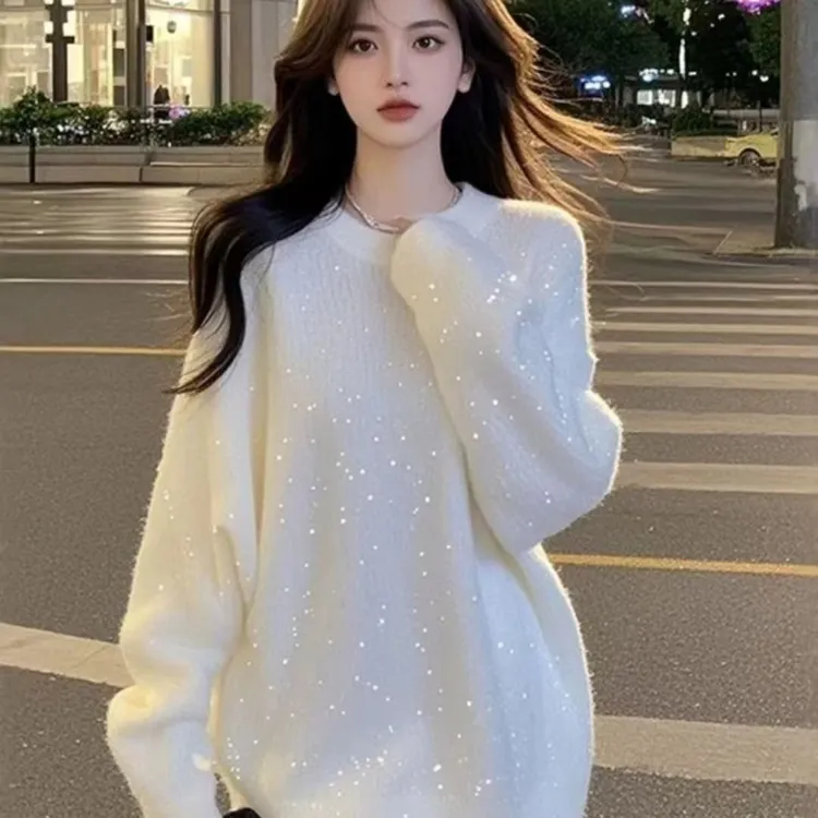 圆领亮片针织衫女早春季新款毛衣慵懒高级感中长款宽松上衣