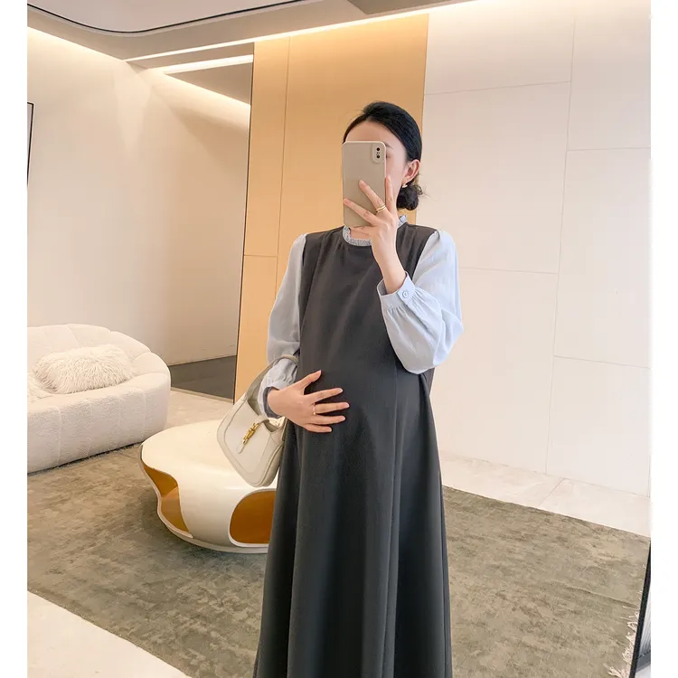 ZMA孕妇装【假两件拼接花边长裙】春秋连衣裙秋季简单高级感穿搭