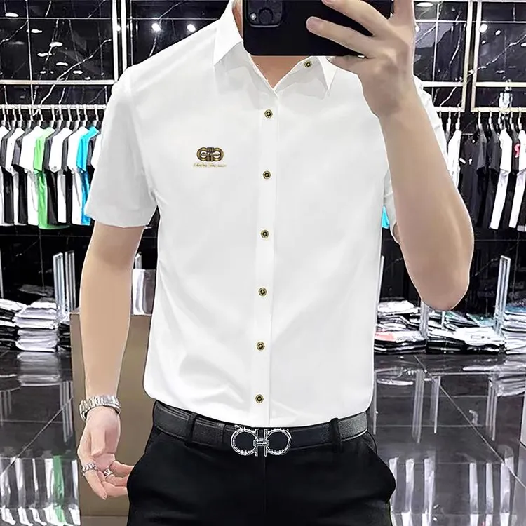 白色高档时尚商务潮牌免烫抗皱衬衣男士短袖修身显瘦柔软舒适衬衫