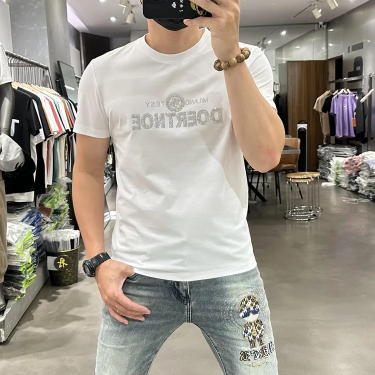 重磅凉感薄款短袖t恤男2025夏季新款潮修身男生字母烫钻体恤上衣