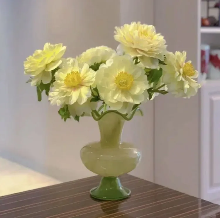 绿色芬顿玻璃花瓶法式波浪花边复古小清新插花客厅装饰琉璃摆件