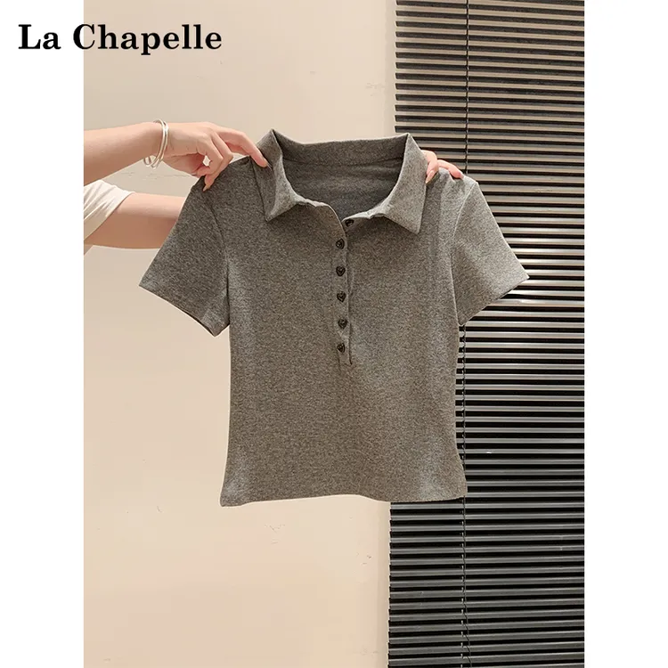 拉夏贝尔灰色韩系学院风夏季甜辣妹修身翻领纽扣正肩短袖T恤女