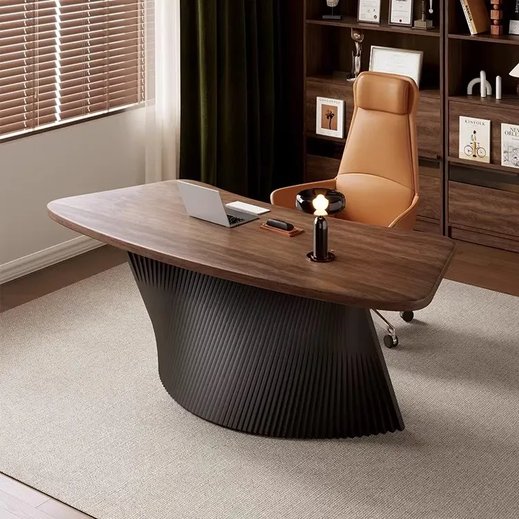 意式家用书桌中古风实木老板办公桌椅全套异形设计工作台扇形书桌