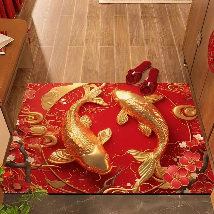 新年锦鲤好运水晶绒地垫入户门地垫高级感耐脏易打理地毯入户门垫