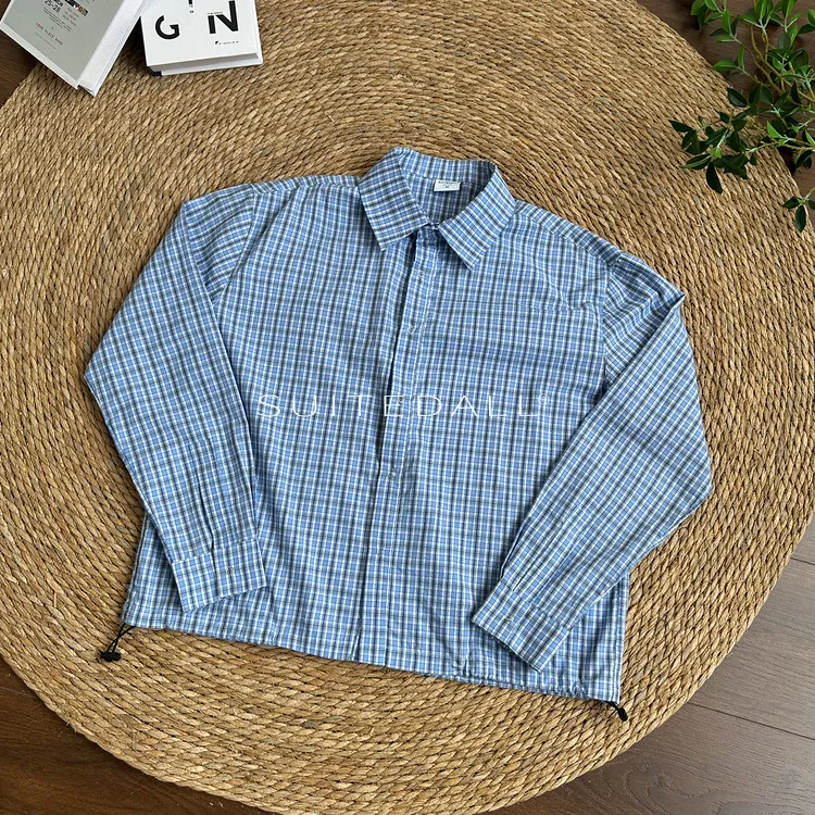 SUITEDALL miu系蓝色格子衬衫 学院派老钱风格纹抽身暗扣男女上衣