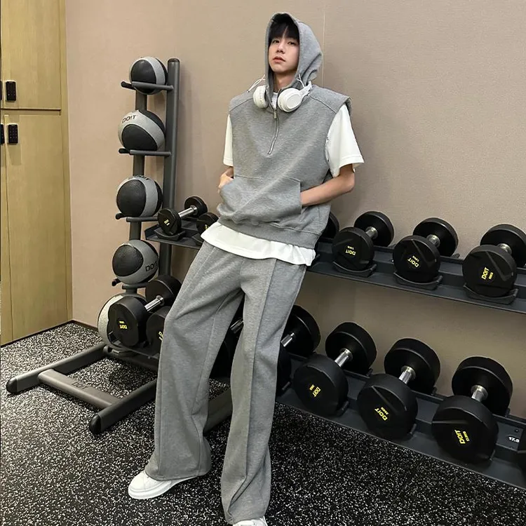 范哲萨 韩风空气层棉设计感连帽垫肩马甲男帽衫运动套装两件套潮