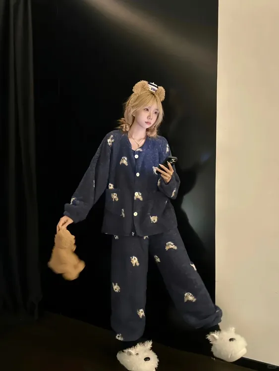 法式奶油法斗珊瑚绒睡衣女冬季新款套装大码加绒加厚保暖家居服