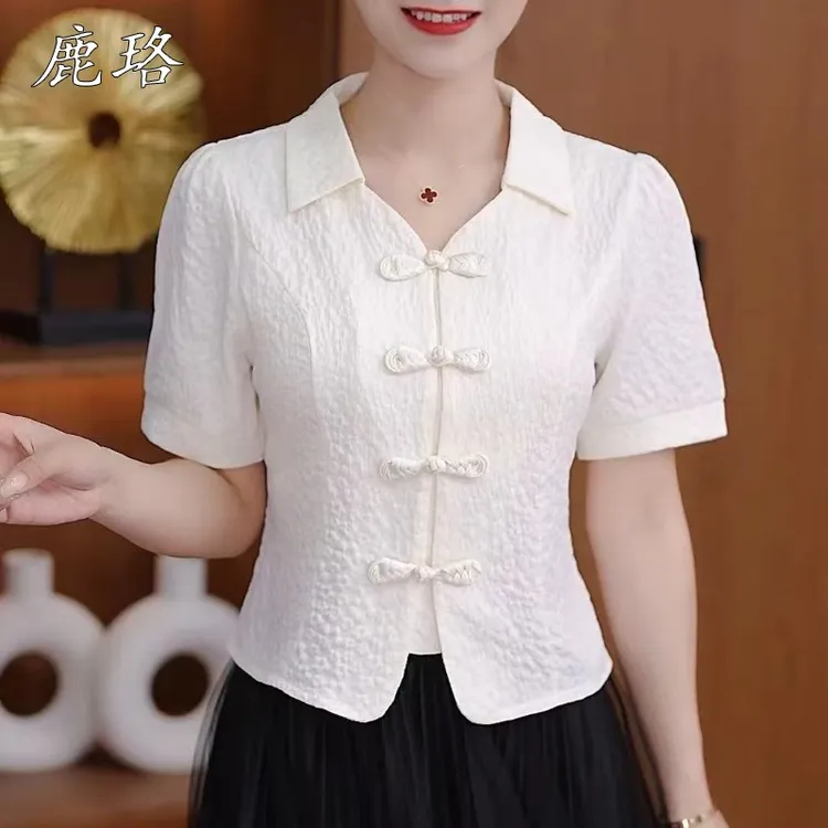 2025夏季新款法式POLO领中国风盘扣上衣女甜美洋派ins短款衬衫潮