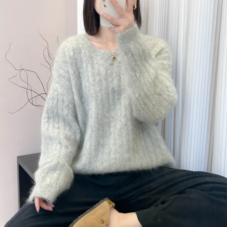 圆领麻花基础款纯色毛茸茸针织打底衫秋冬季新款上衣宽松韩版毛衣