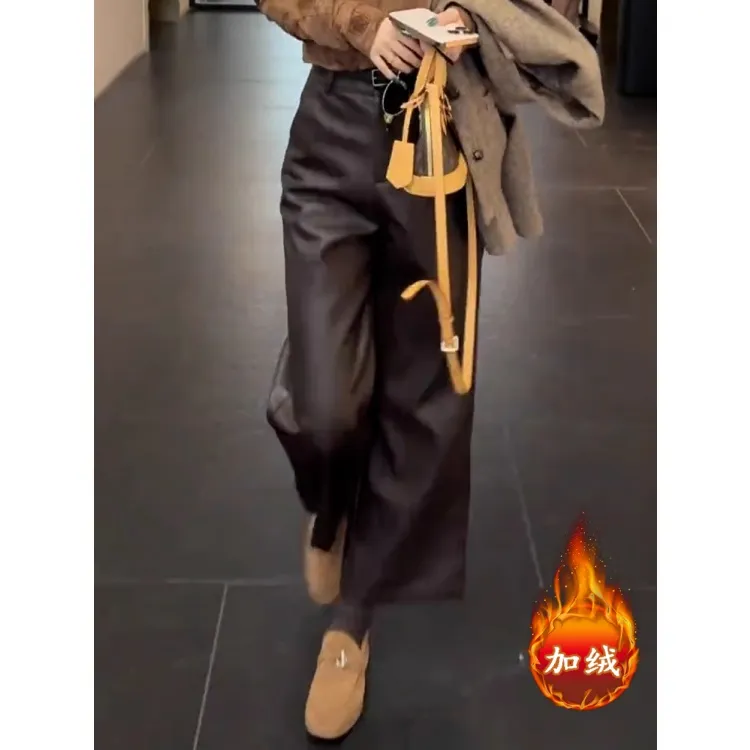 拉夏贝尔咖色直筒皮裤女秋冬季2025年新款高腰PU九分休闲阔腿裤子