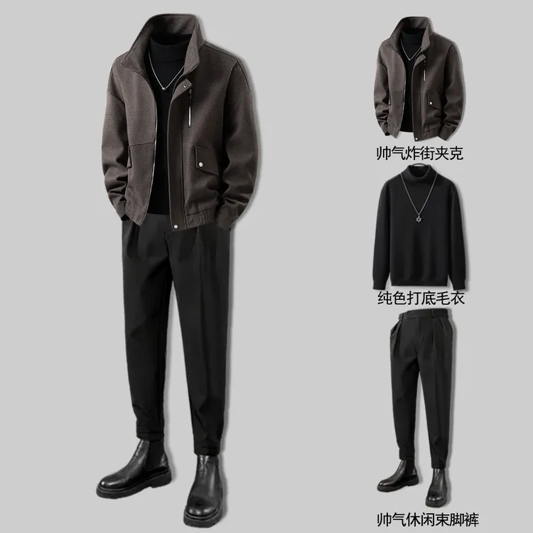 美式痞帅休闲套装男款爆款2025新款气场强大高级感男装夹克外套男