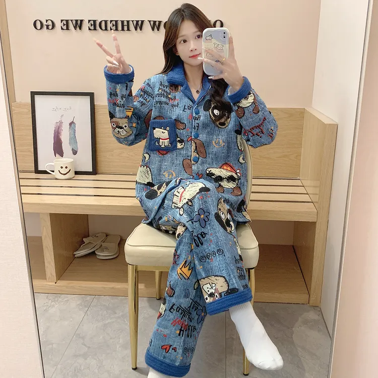 网红爆款秋冬季睡衣女长袖长裤卡通冬季空气棉夹层少女家居服套装