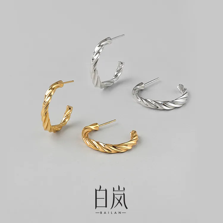 925银耳饰 白岚麻花耳环素圈女编织百搭气质设计感春秋小众ED1991