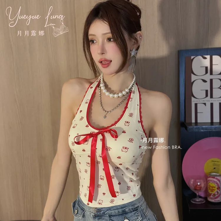 挂脖吊带背心女自带胸垫美背修身打底衫设计感蕾丝绑带露背小上衣