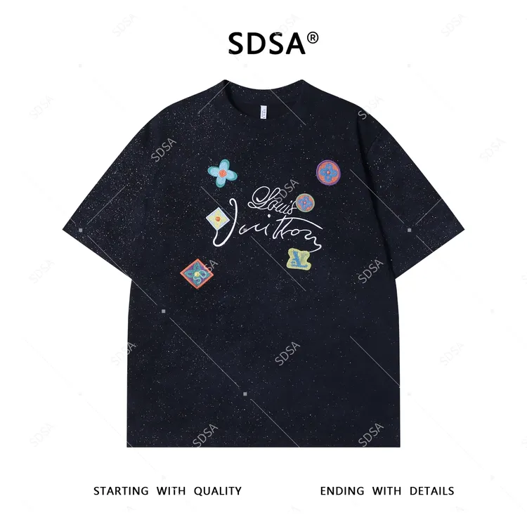 夏季高级感新款男士美式满天星字母绣花短袖T恤时尚圆领百搭上衣