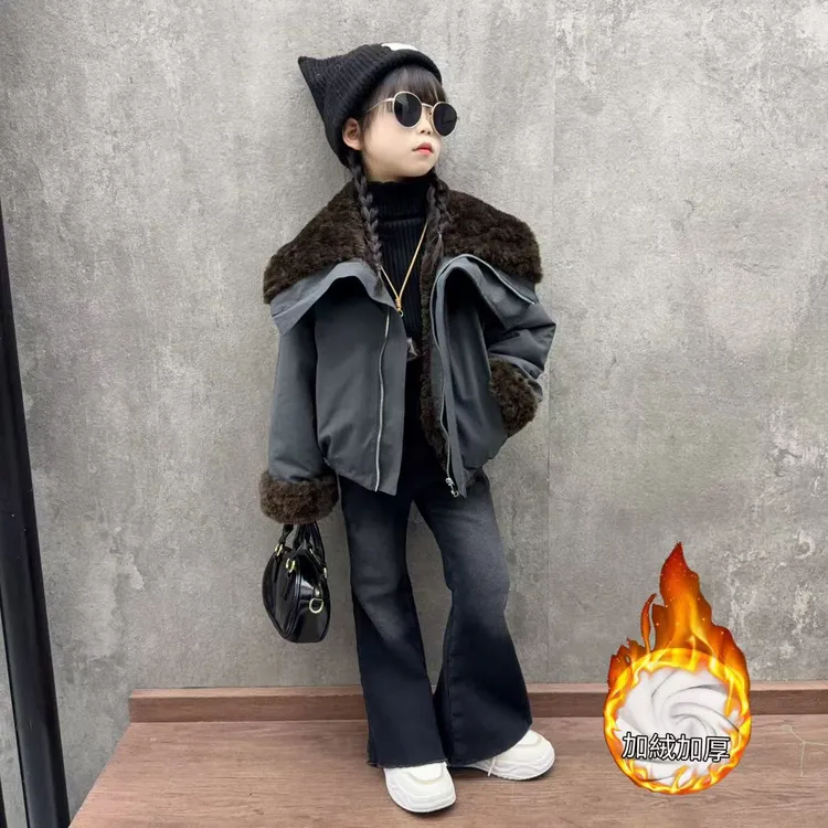 女童秋冬装新款洋气大翻领派克服中大童加厚短款外套牛仔裤套装